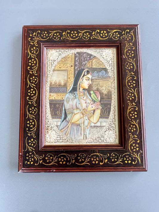 Hand Painted Indian Mughal Miniature Portrait Woman with Bird Framed Art 9"x7"