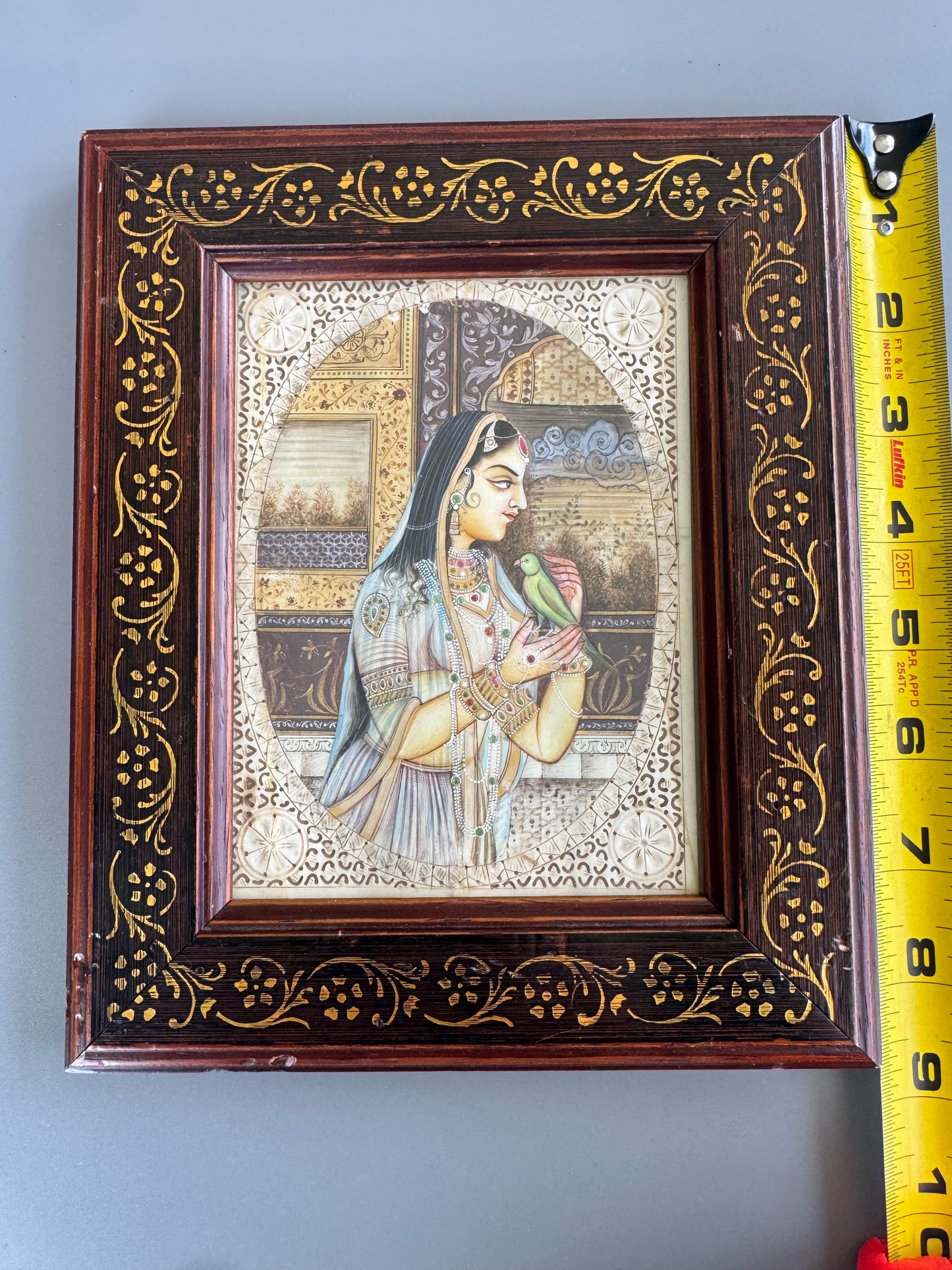 Hand Painted Indian Mughal Miniature Portrait Woman with Bird Framed Art 9"x7"