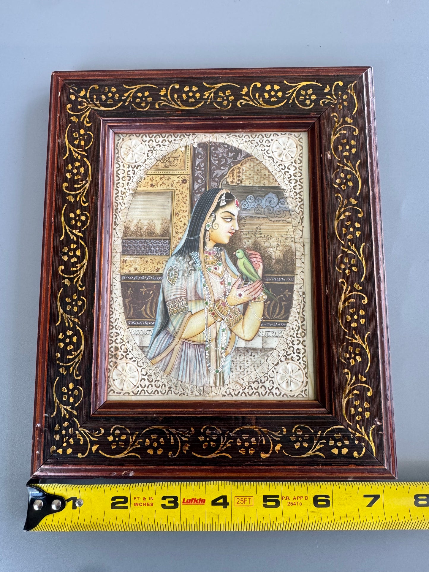 Hand Painted Indian Mughal Miniature Portrait Woman with Bird Framed Art 9"x7"