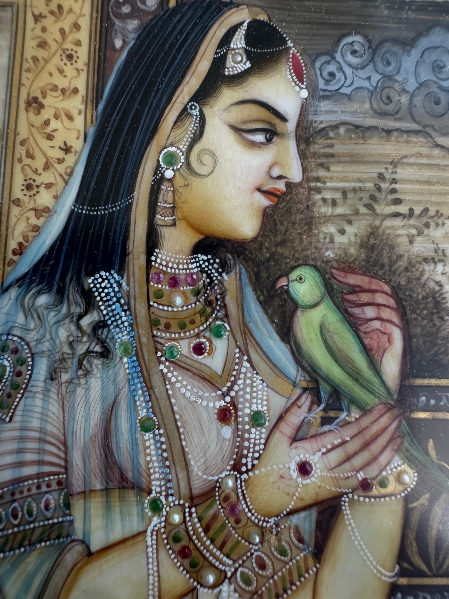 Hand Painted Indian Mughal Miniature Portrait Woman with Bird Framed Art 9"x7"