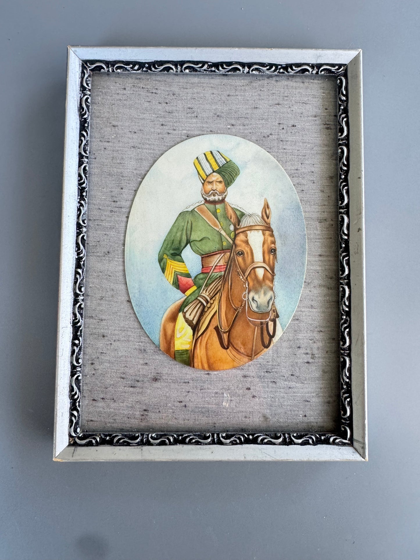 Vintage Indian Miniature Painting on Panel Rajput Horse Rider Framed Art 8"x6"