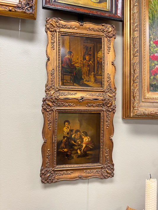 Set of 2 Vintage Style Oil Paintings on Tin Genre Scenes Ornate Gold Frames 15x13