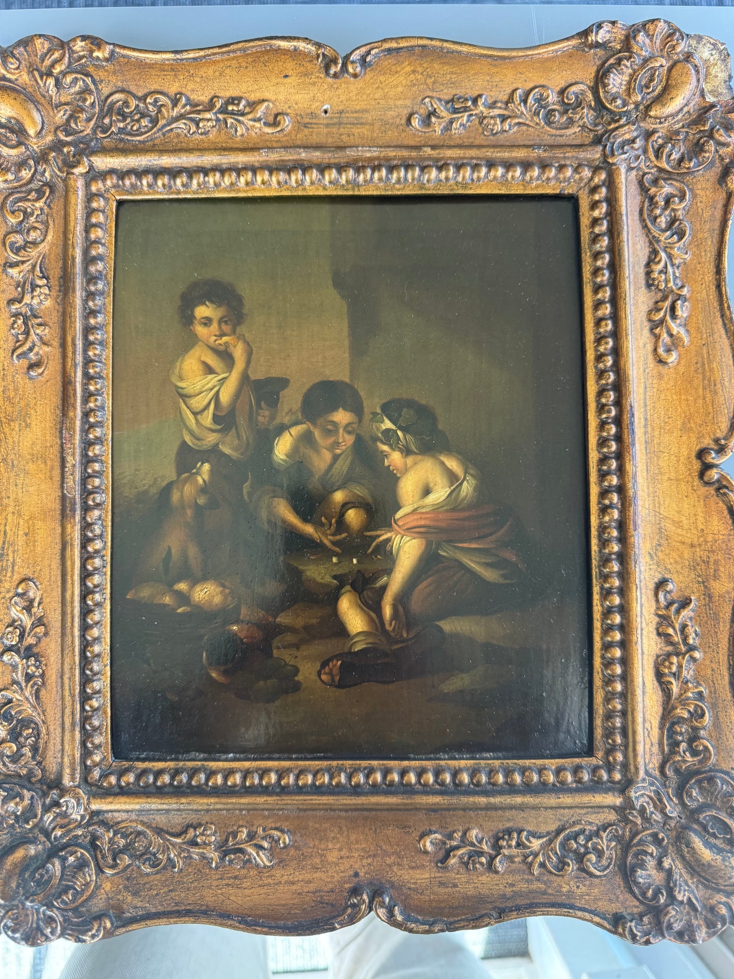 Set of 2 Vintage Style Oil Paintings on Tin Genre Scenes Ornate Gold Frames 15x13