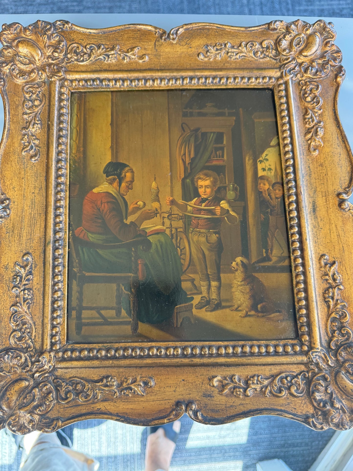 Set of 2 Vintage Style Oil Paintings on Tin Genre Scenes Ornate Gold Frames 15x13