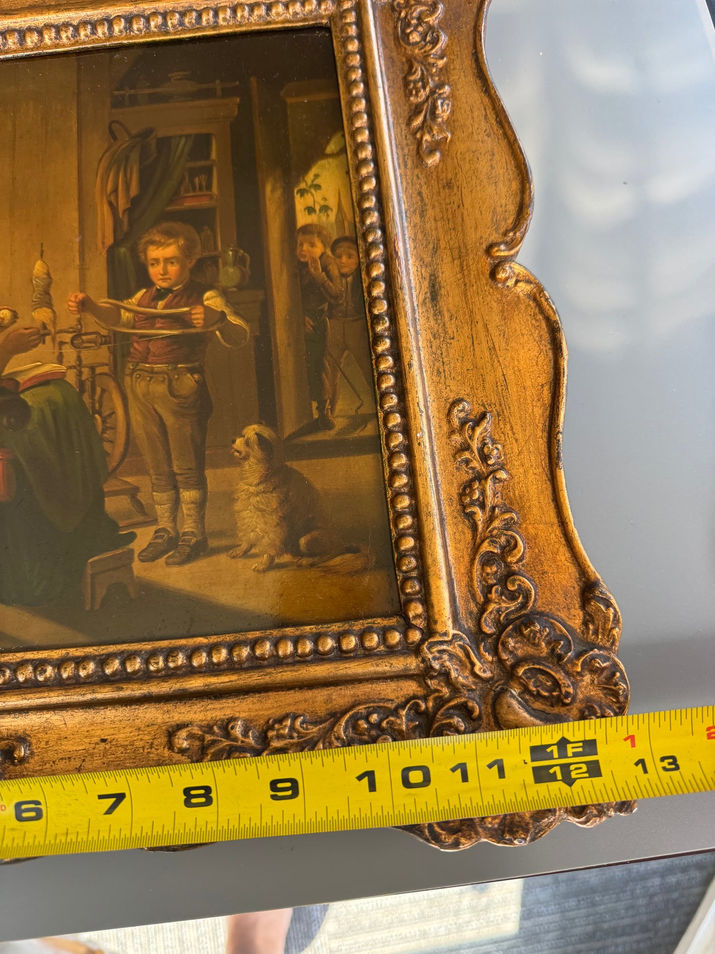 Set of 2 Vintage Style Oil Paintings on Tin Genre Scenes Ornate Gold Frames 15x13