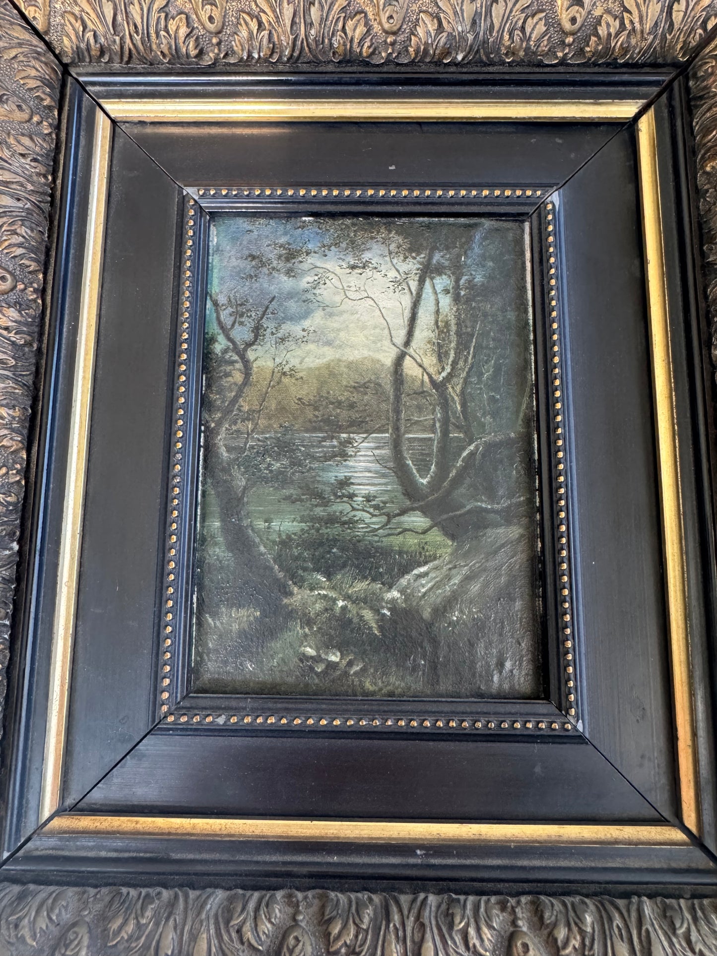 Vintage Framed Landscape Painting Moody Lake Scene Ornate Black Gold Frame 11x10