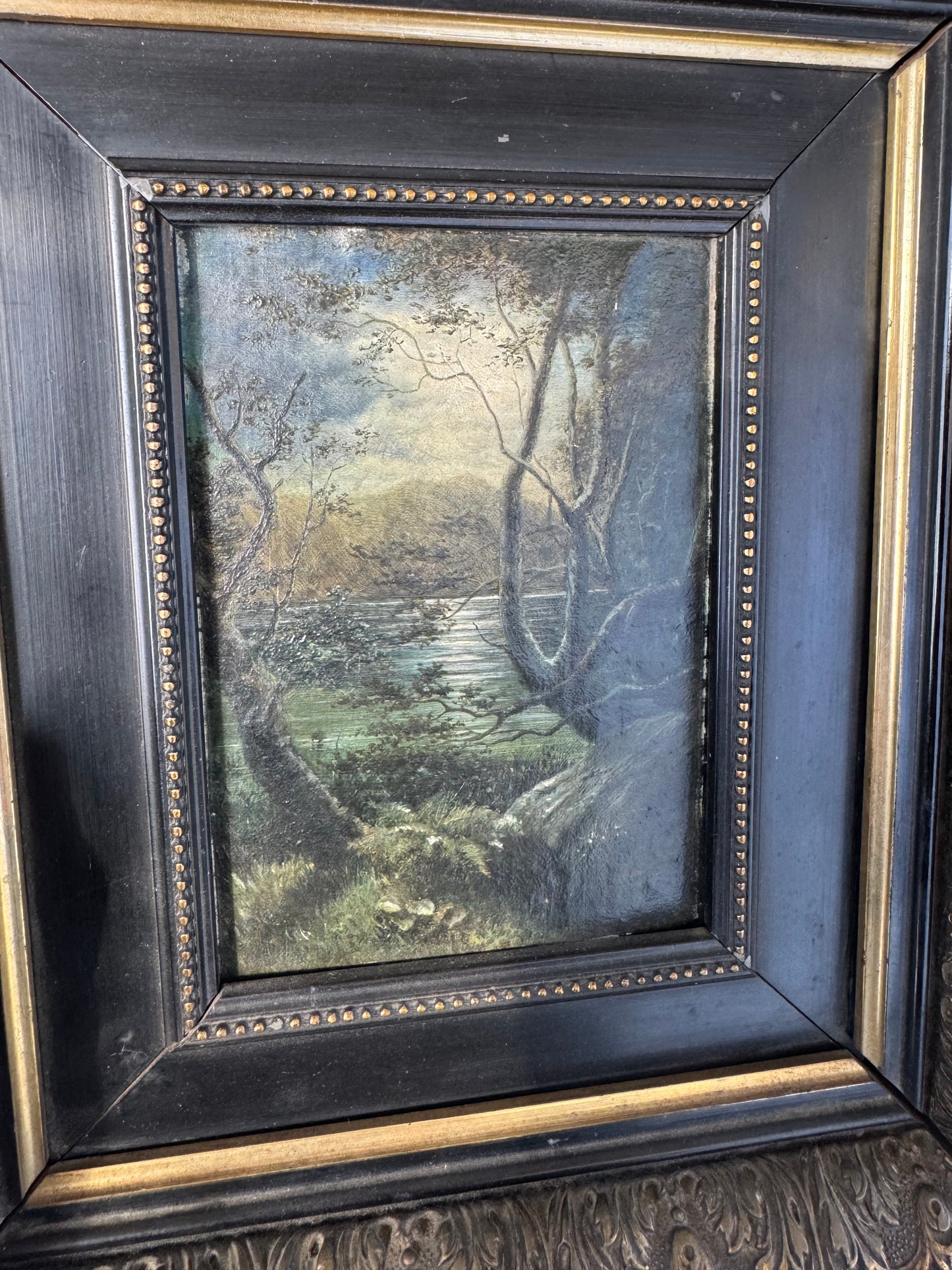 Vintage Framed Landscape Painting Moody Lake Scene Ornate Black Gold Frame 11x10