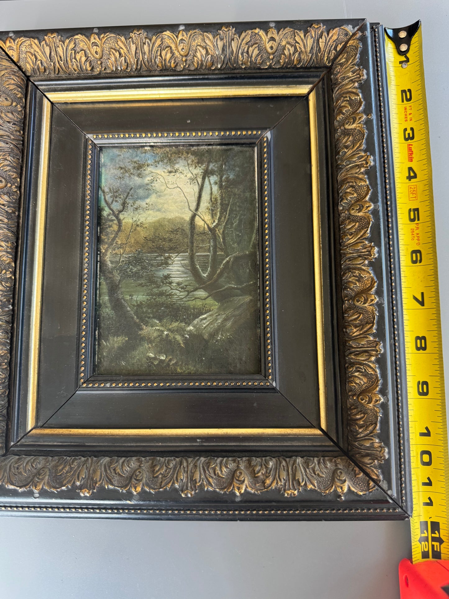 Vintage Framed Landscape Painting Moody Lake Scene Ornate Black Gold Frame 11x10