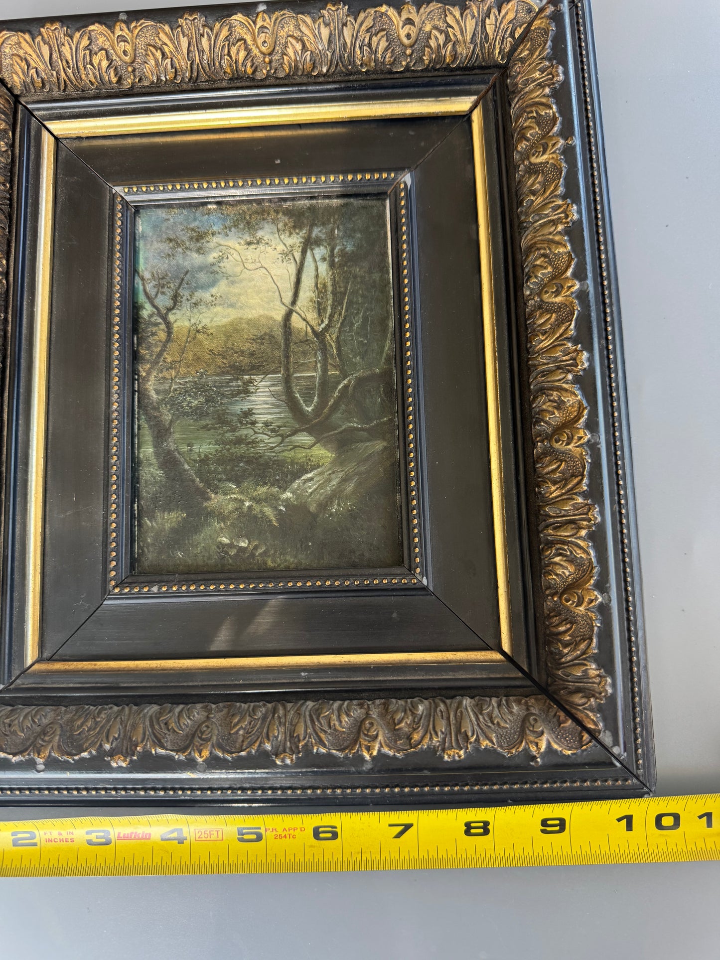 Vintage Framed Landscape Painting Moody Lake Scene Ornate Black Gold Frame 11x10