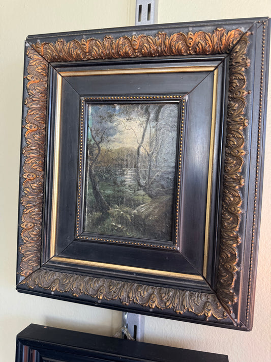 Vintage Framed Landscape Painting Moody Lake Scene Ornate Black Gold Frame 11x10