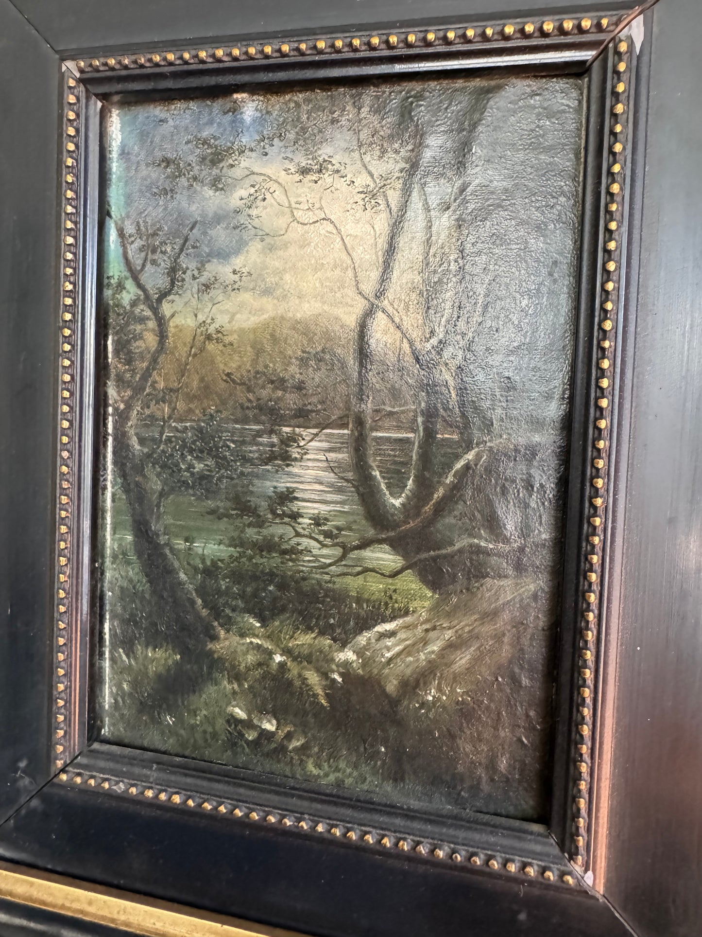 Vintage Framed Landscape Painting Moody Lake Scene Ornate Black Gold Frame 11x10