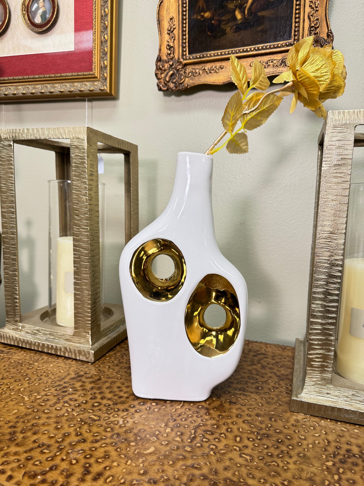 Modern White Ceramic Vase Gold Accent Sculptural Decor Contemporary Art Vase 11”