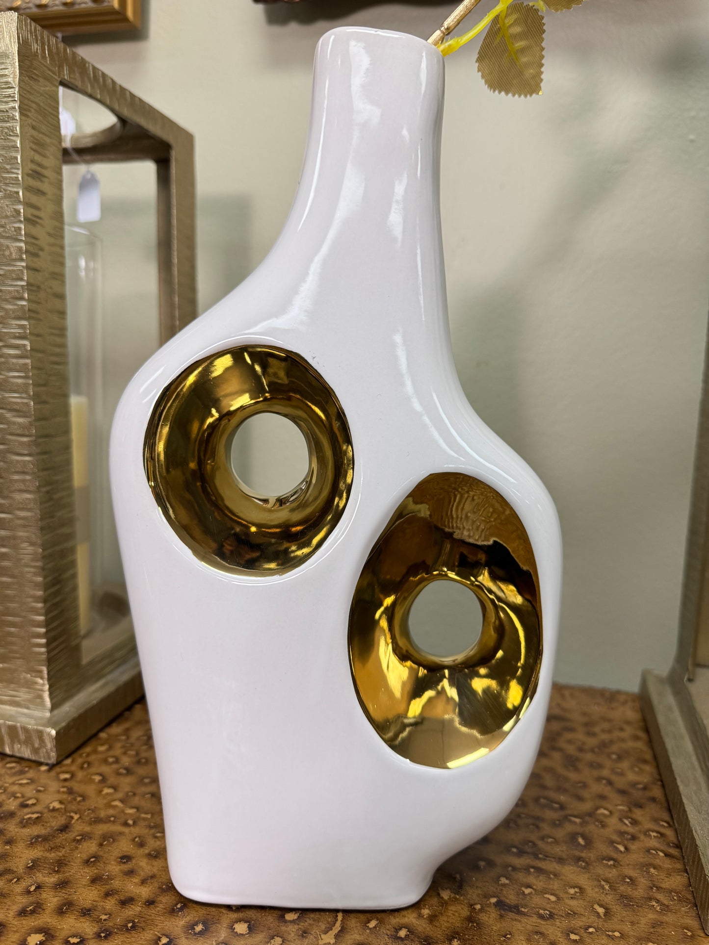 Modern White Ceramic Vase Gold Accent Sculptural Decor Contemporary Art Vase 11”