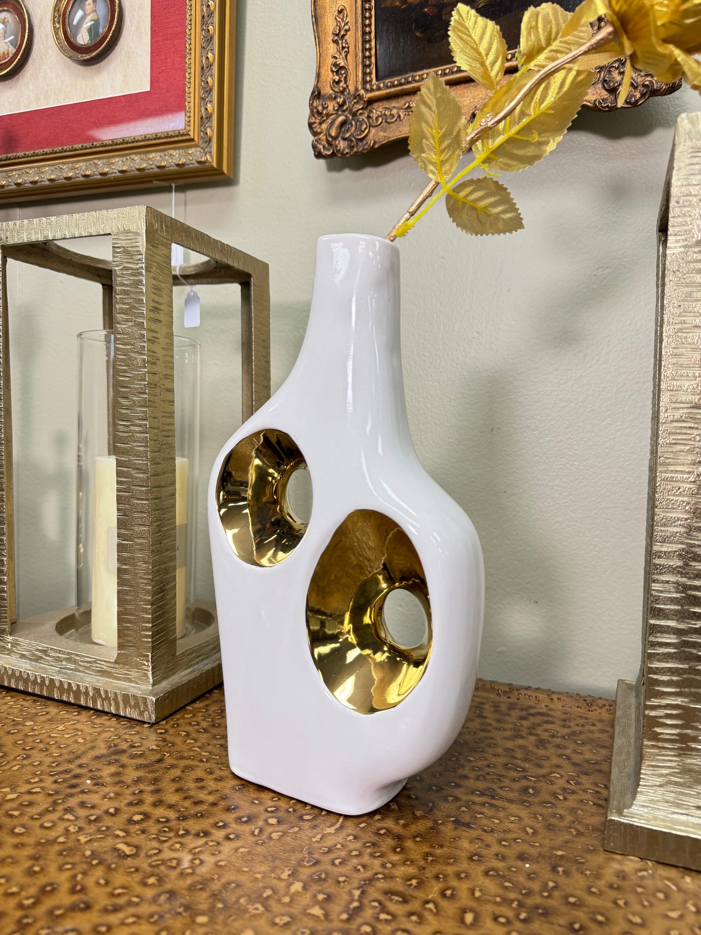 Modern White Ceramic Vase Gold Accent Sculptural Decor Contemporary Art Vase 11”