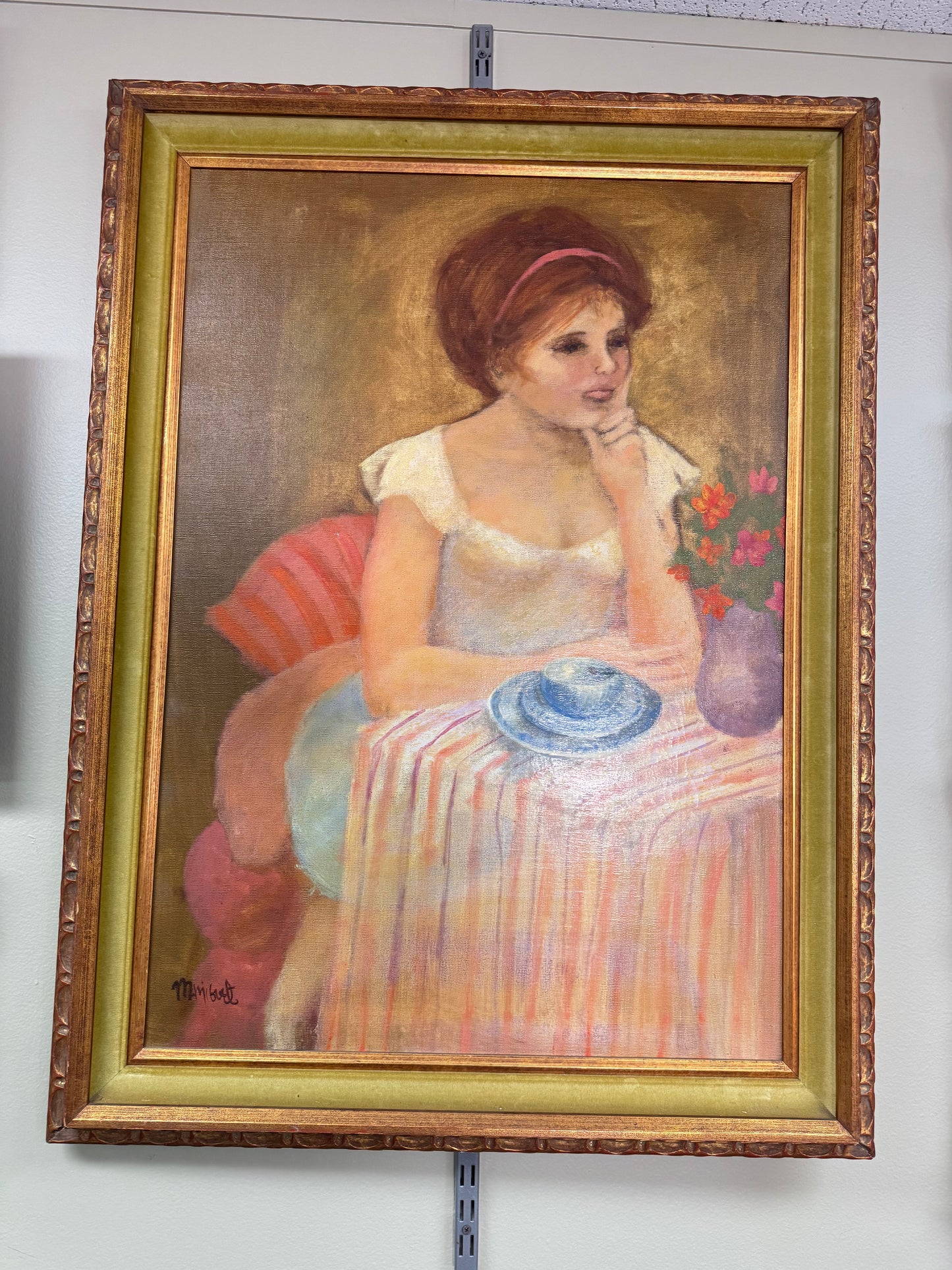 Vintage Portrait Oil Painting on Canvas 30x40 Framed Woman Portrait Art Mid Century Style Signed