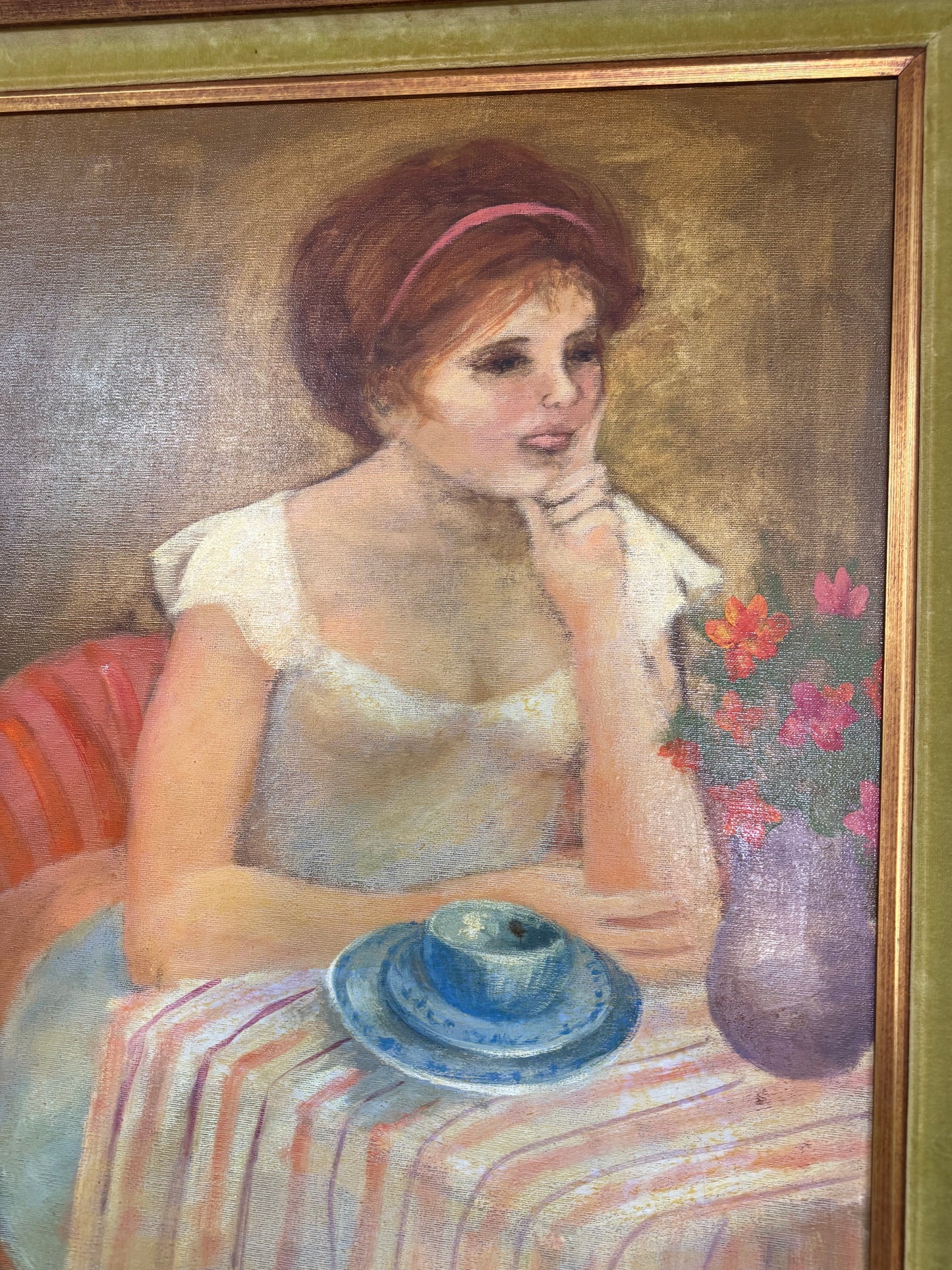 Vintage Portrait Oil Painting on Canvas 30x40 Framed Woman Portrait Art Mid Century Style Signed