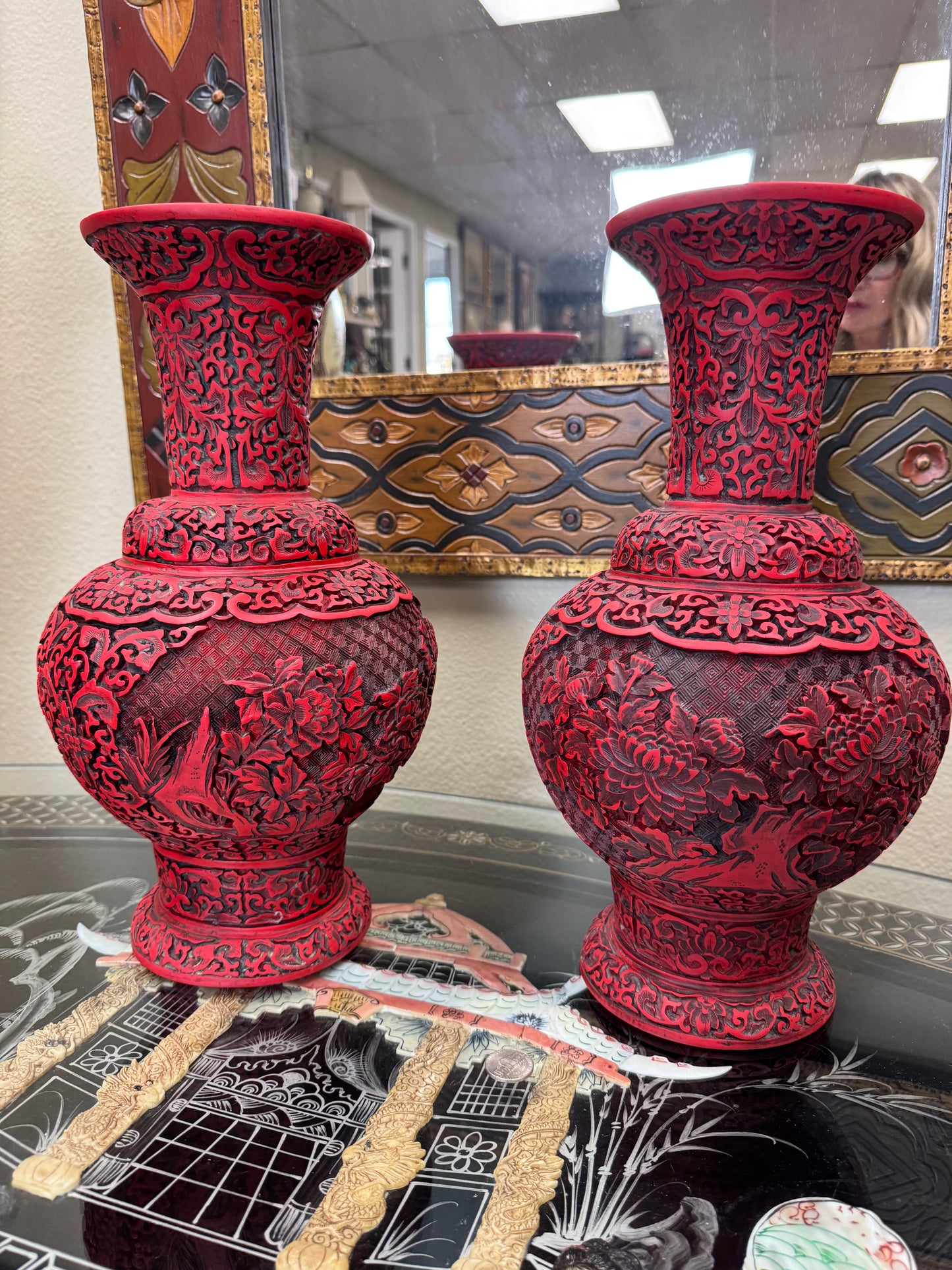 Pair Large Chinese Cinnabar Style Carved Red Black Vases Studio Marked 13” Asian Decor