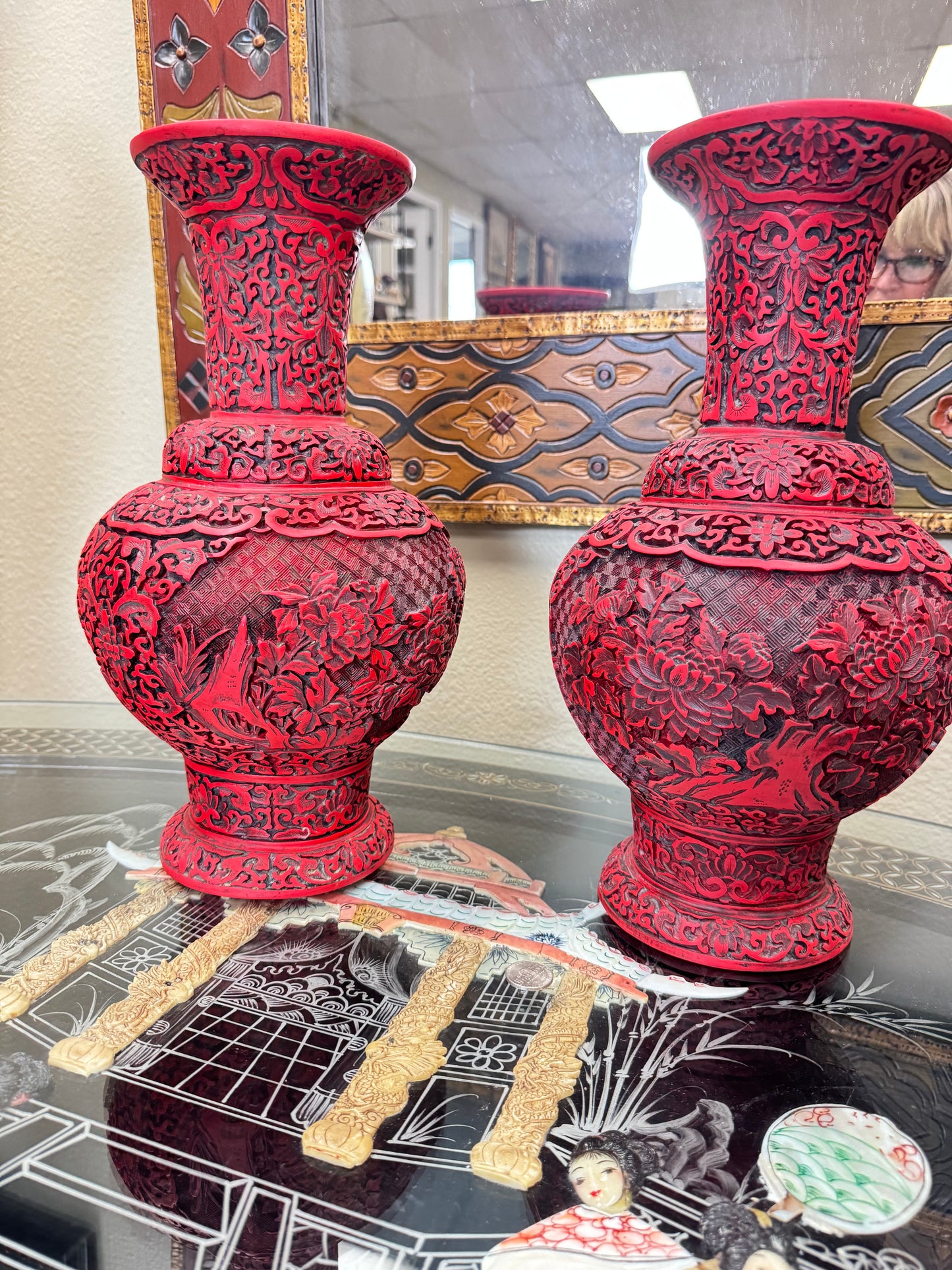 Pair Large Chinese Cinnabar Style Carved Red Black Vases Studio Marked 13” Asian Decor