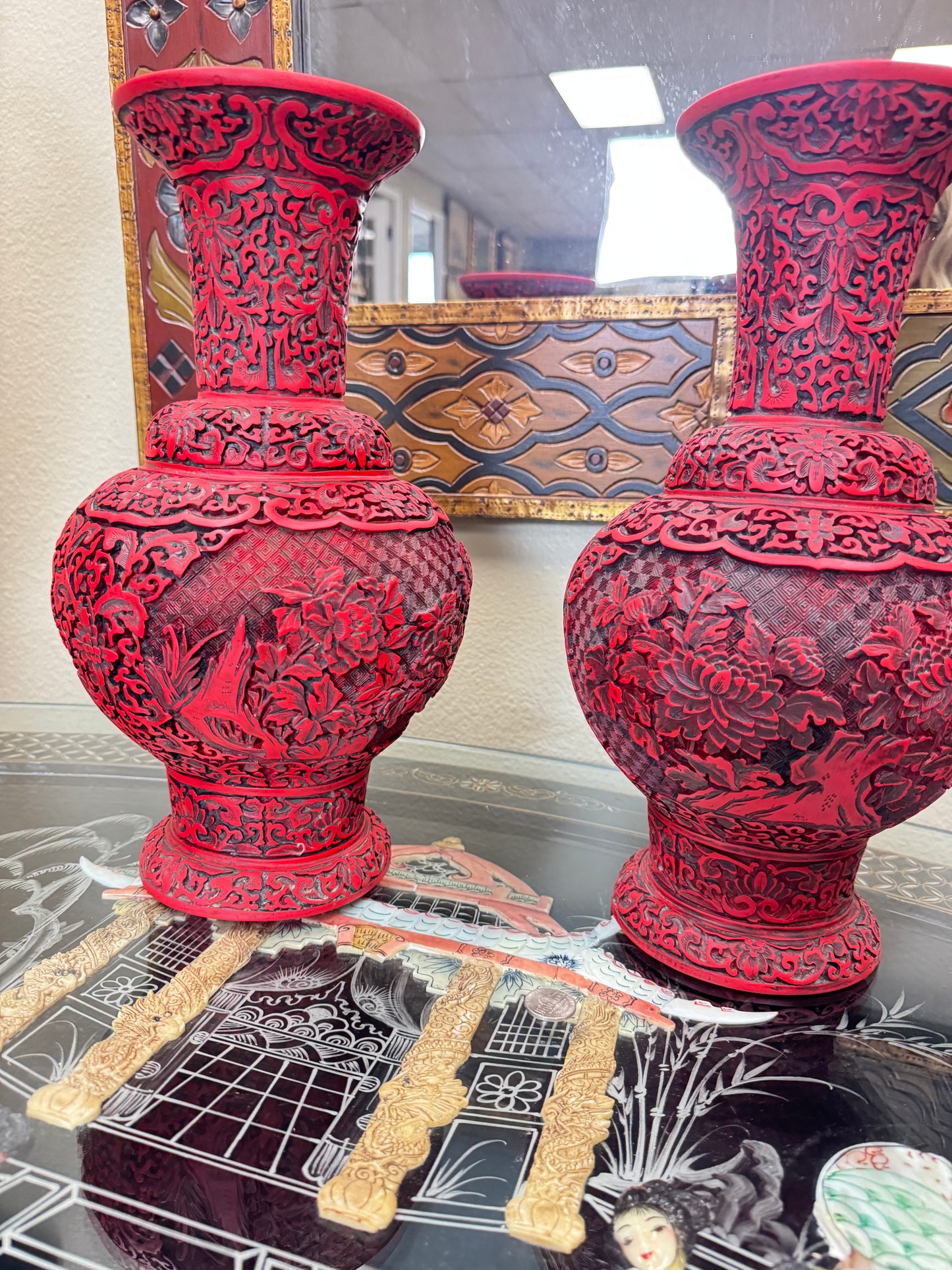 Pair Large Chinese Cinnabar Style Carved Red Black Vases Studio Marked 13” Asian Decor