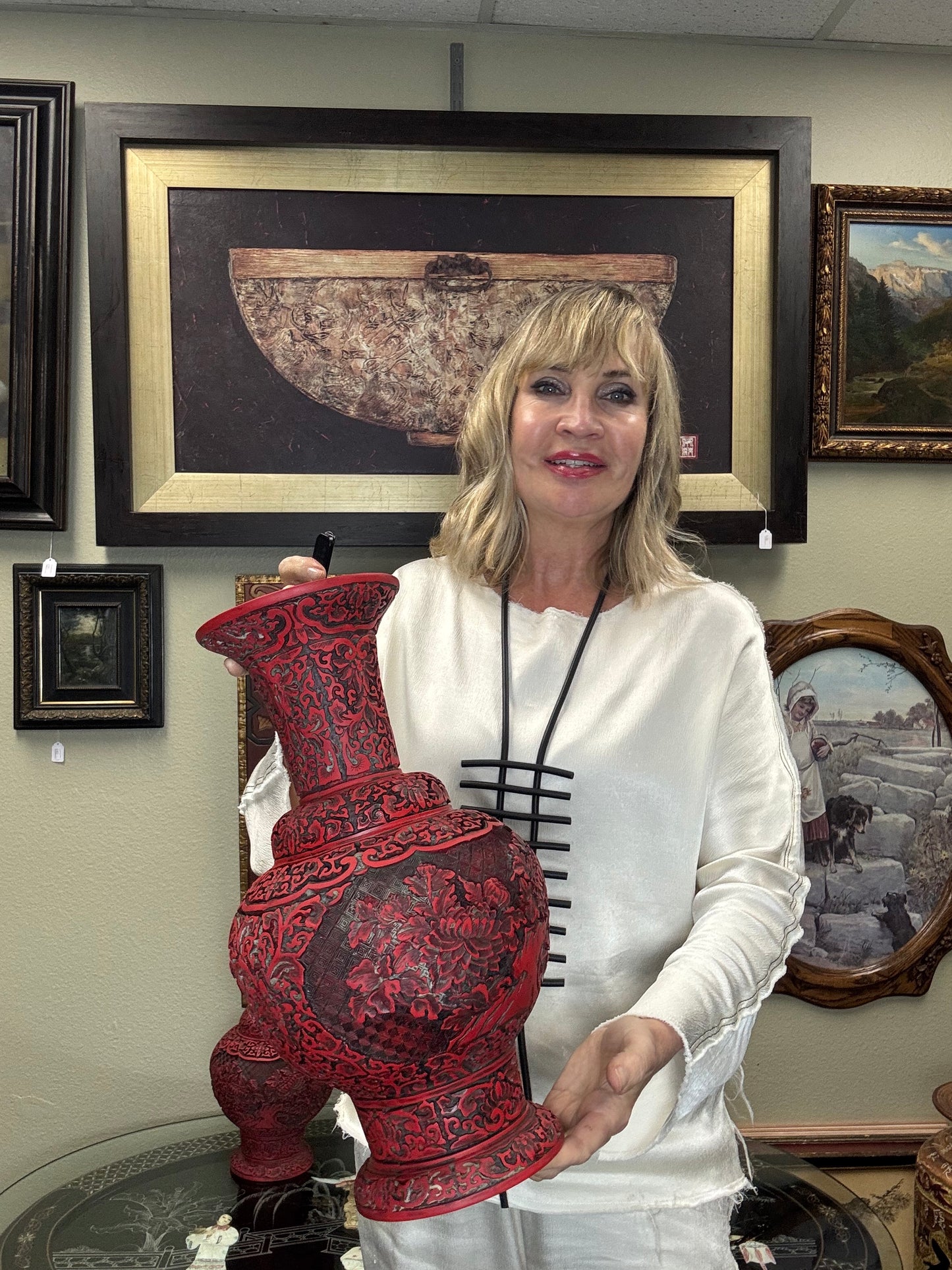 Pair Large Chinese Cinnabar Style Carved Red Black Vases Studio Marked 13” Asian Decor