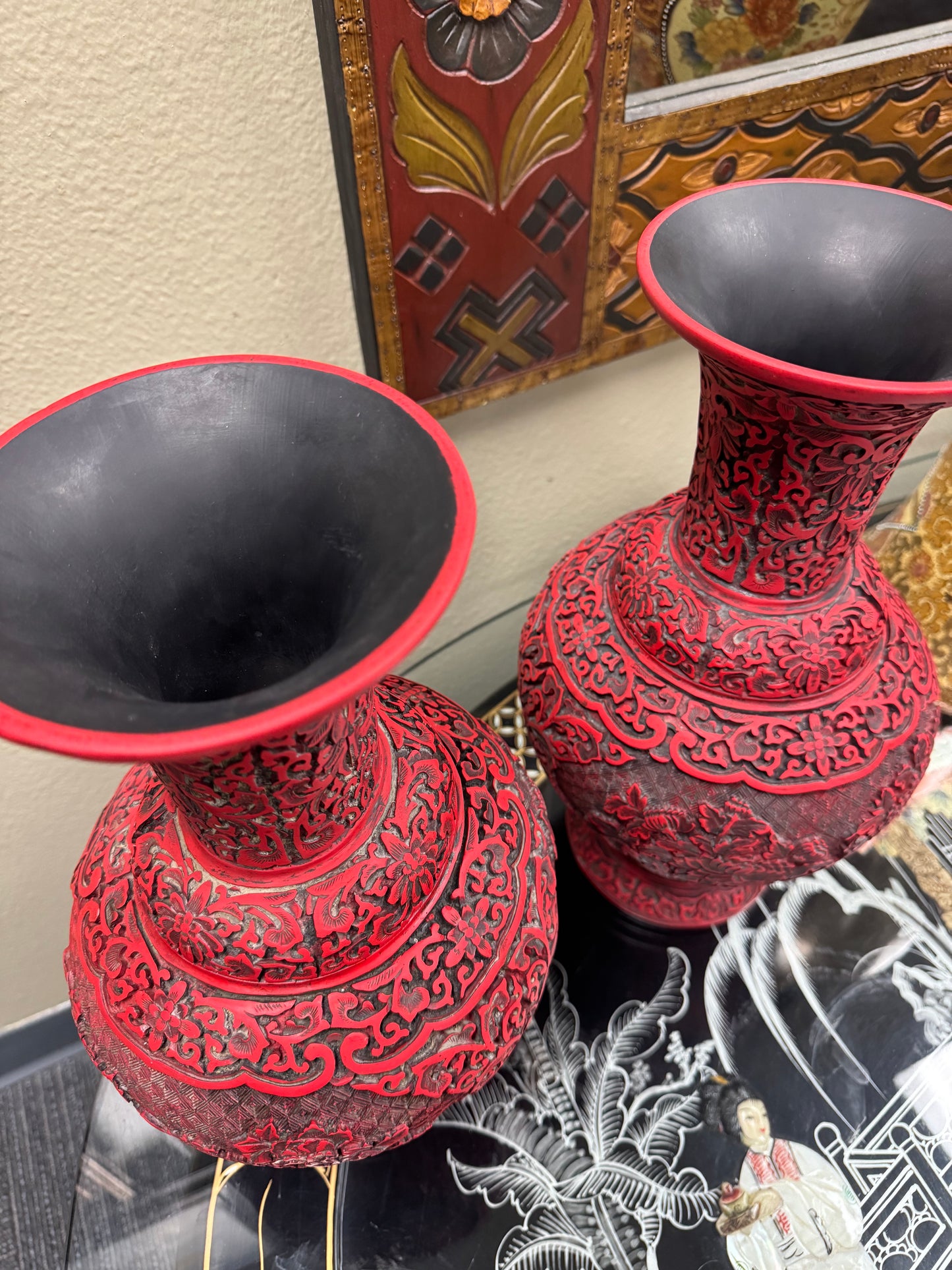 Pair Large Chinese Cinnabar Style Carved Red Black Vases Studio Marked 13” Asian Decor