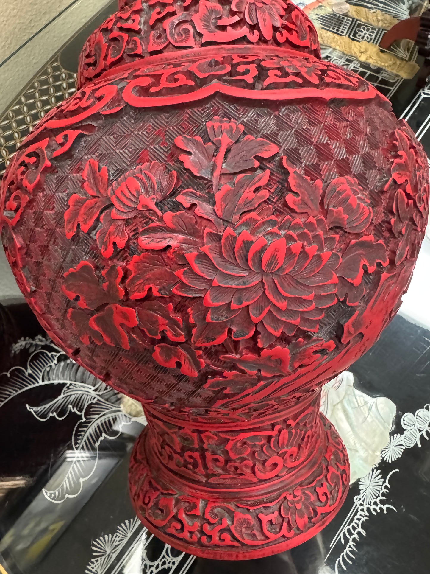 Pair Large Chinese Cinnabar Style Carved Red Black Vases Studio Marked 13” Asian Decor