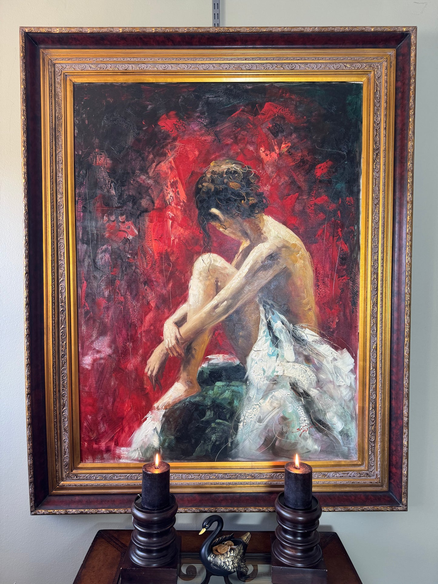 Large Original Oil Painting “Lady in Red” by S. Tojin – Signed – With Certificate of Appraisal – 60x47 Framed