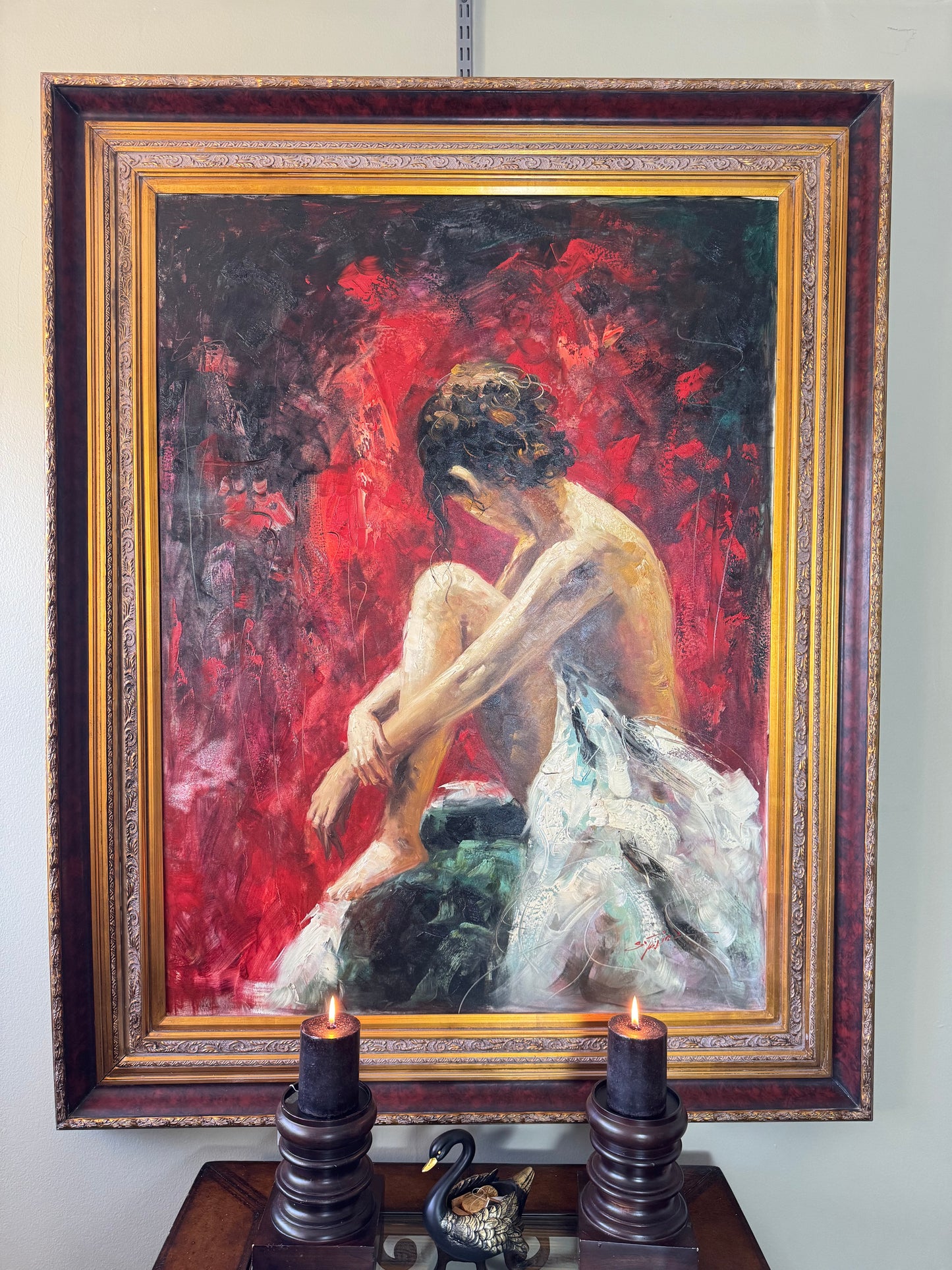 Large Original Oil Painting “Lady in Red” by S. Tojin – Signed – With Certificate of Appraisal – 60x47 Framed