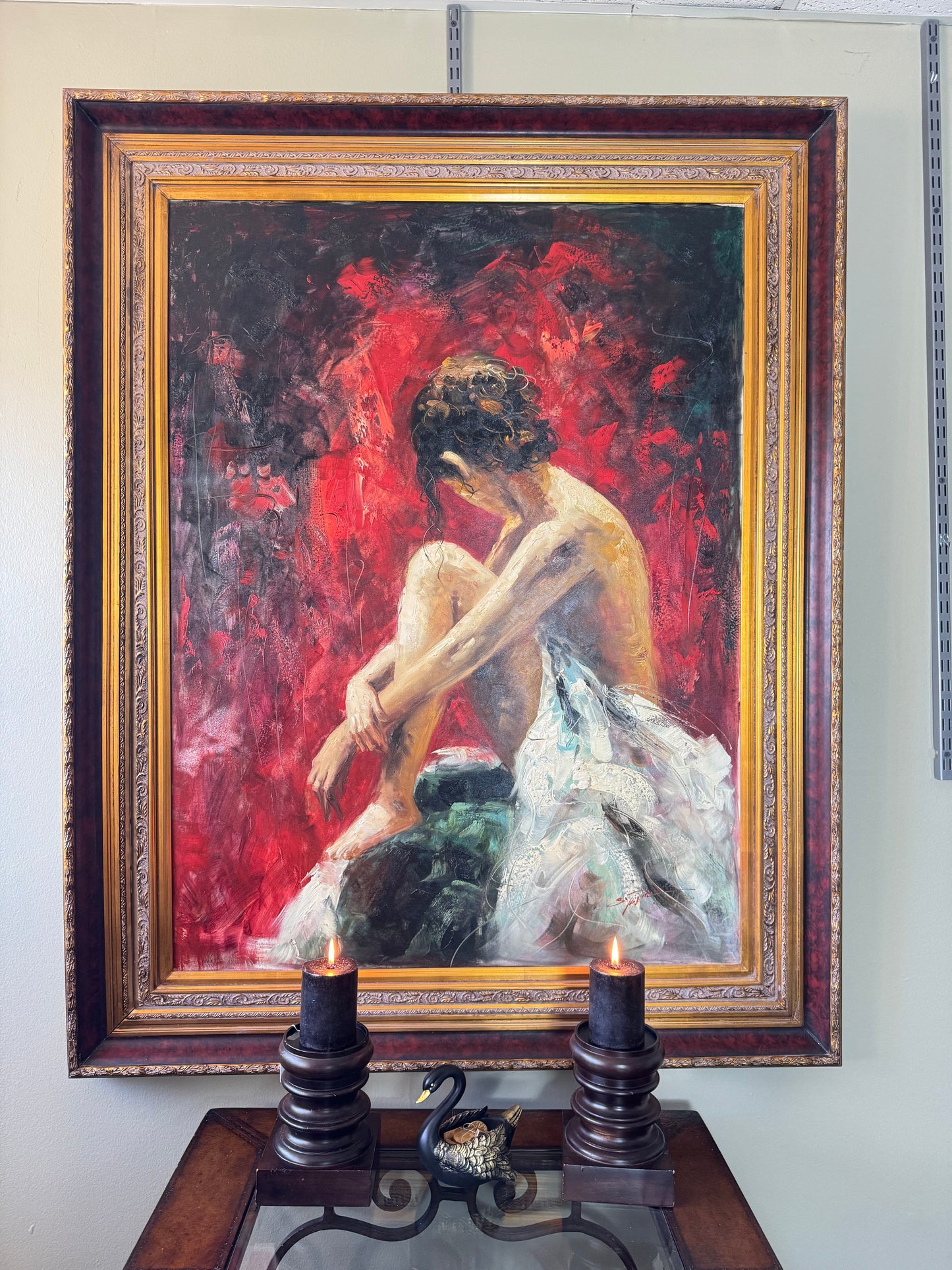 Large Original Oil Painting “Lady in Red” by S. Tojin – Signed – With Certificate of Appraisal – 60x47 Framed