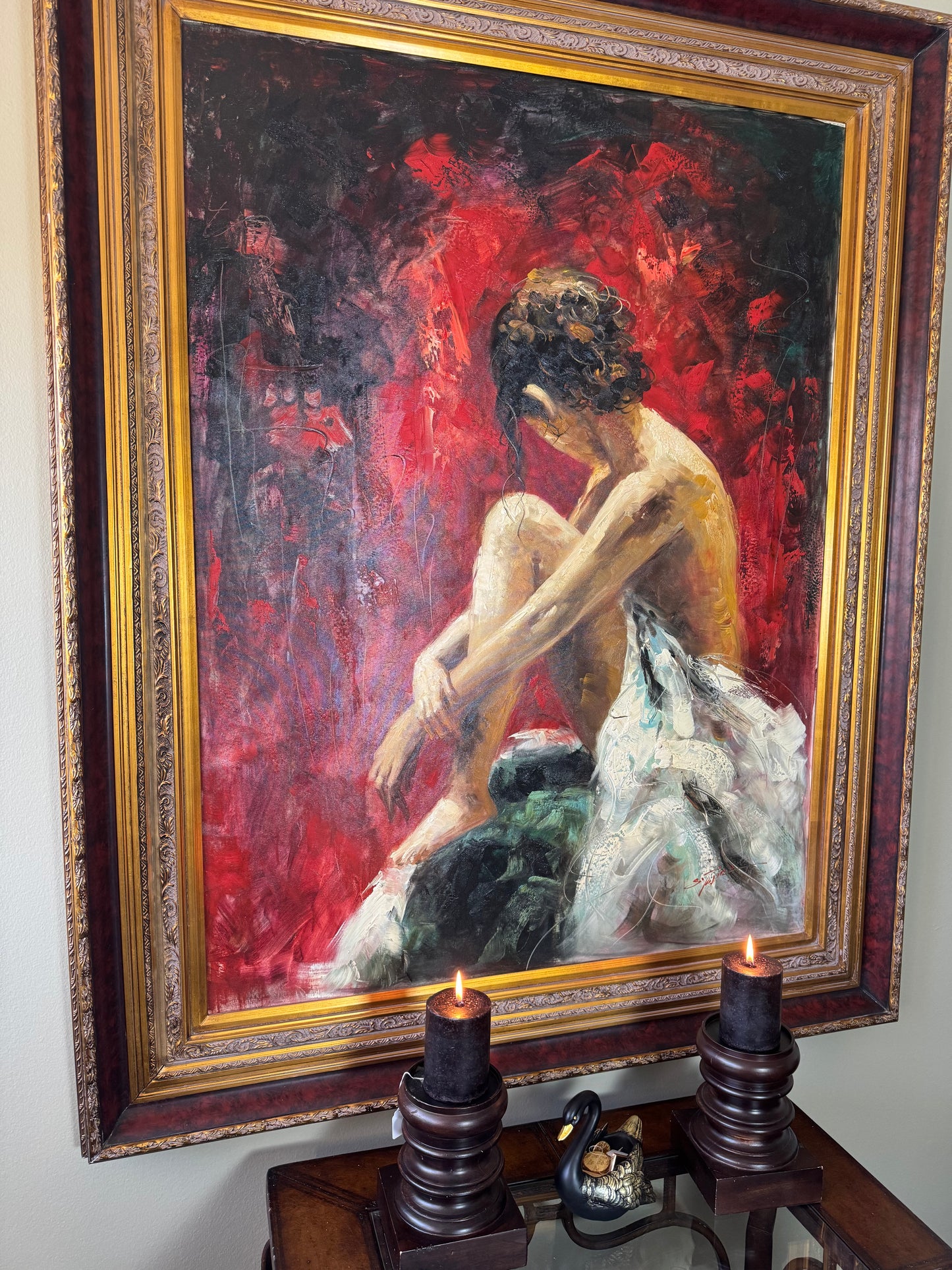 Large Original Oil Painting “Lady in Red” by S. Tojin – Signed – With Certificate of Appraisal – 60x47 Framed