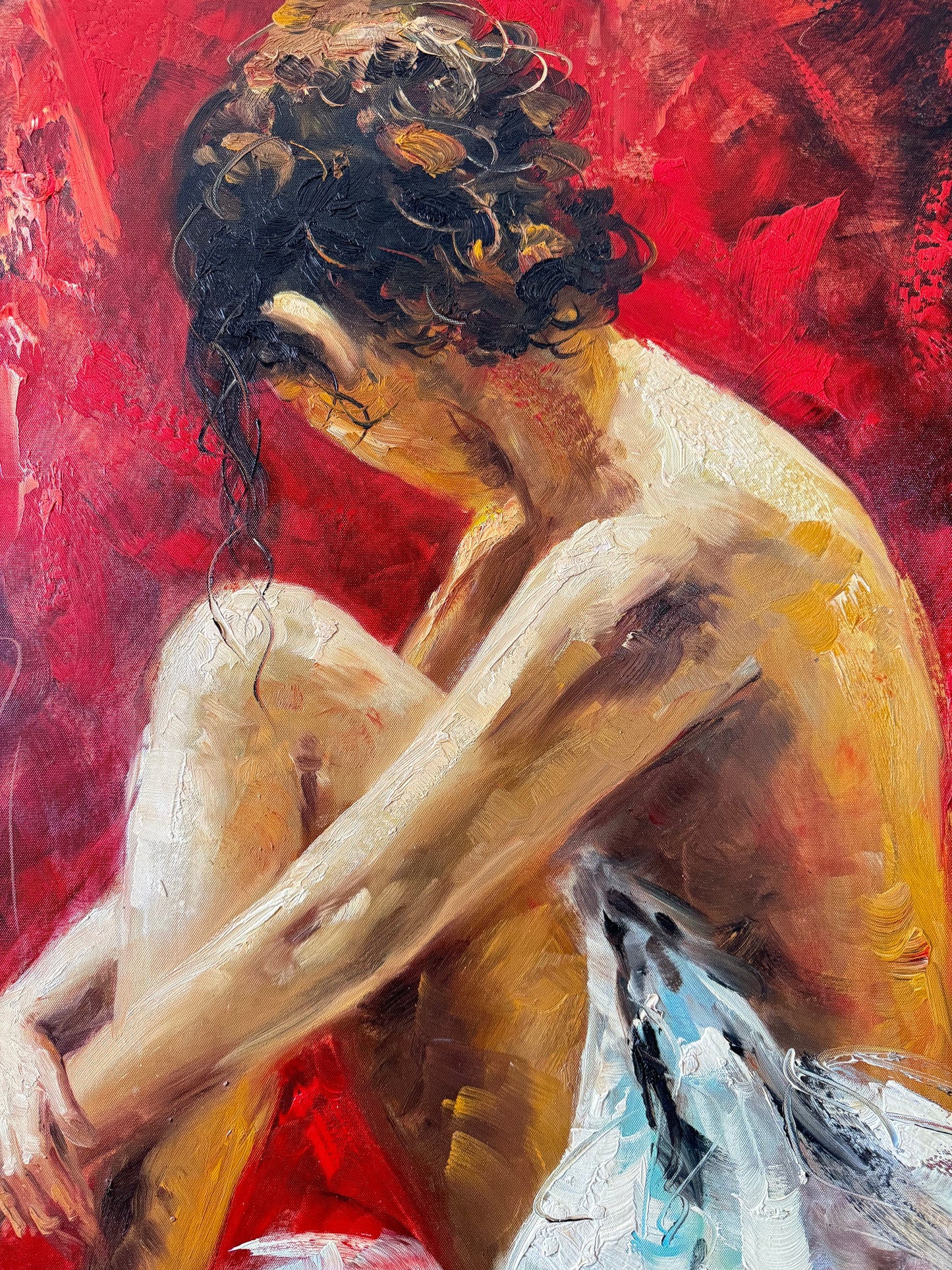Large Original Oil Painting “Lady in Red” by S. Tojin – Signed – With Certificate of Appraisal – 60x47 Framed