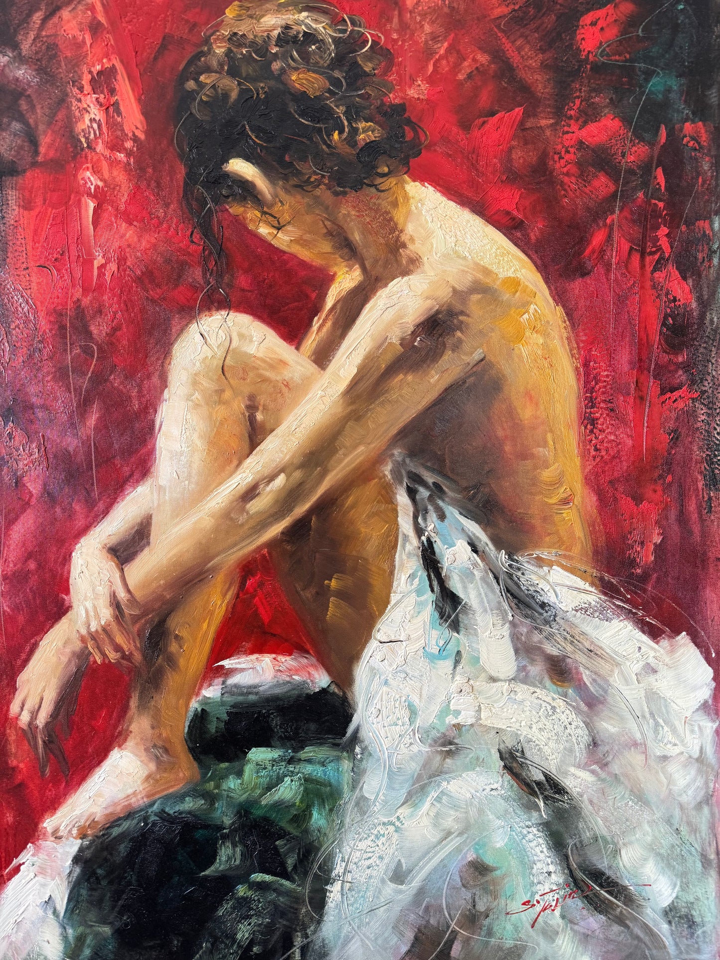 Large Original Oil Painting “Lady in Red” by S. Tojin – Signed – With Certificate of Appraisal – 60x47 Framed
