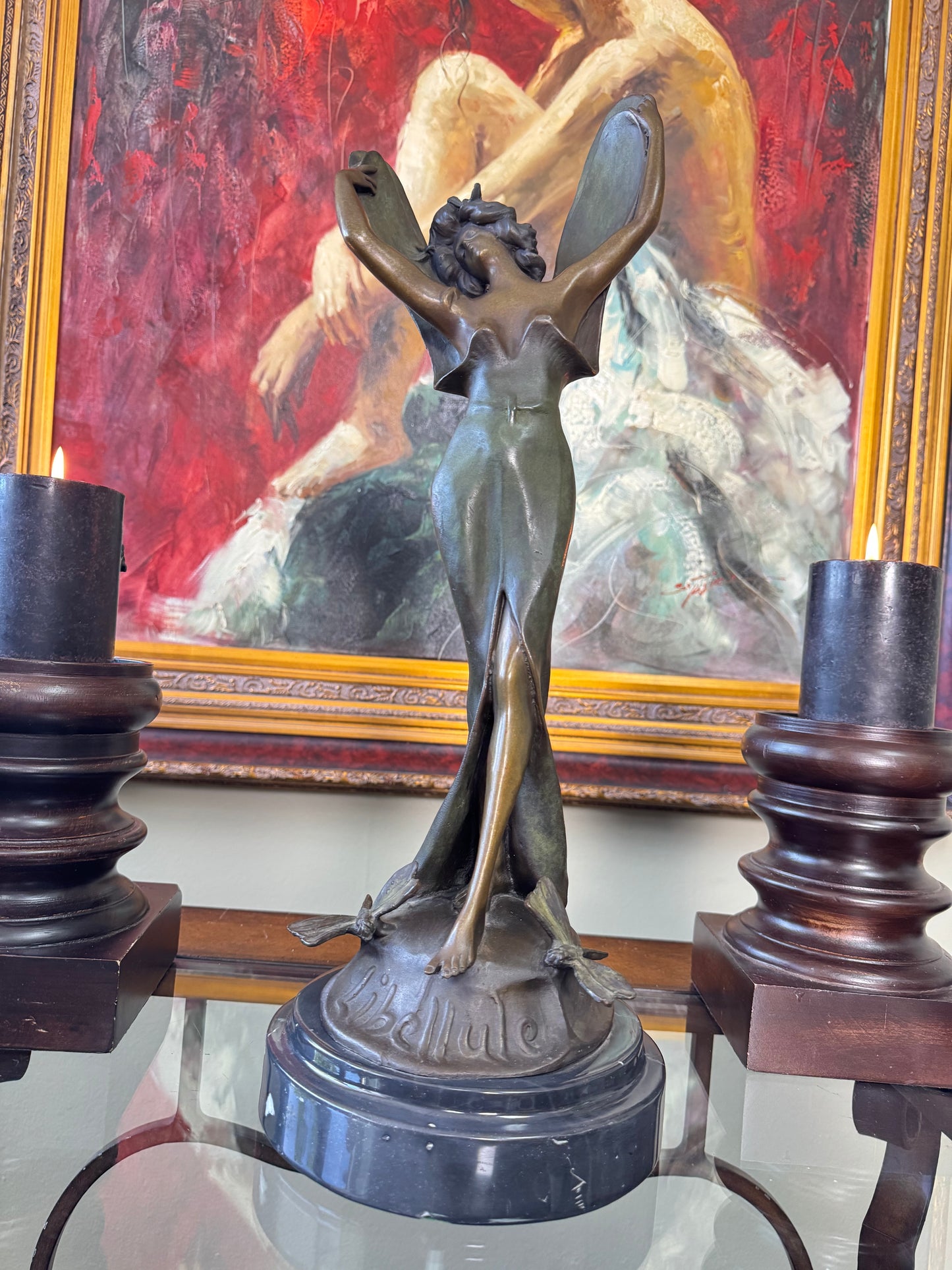 Antique French Art Nouveau Libellule Fairy Spelter Sculpture Marble Base 18”