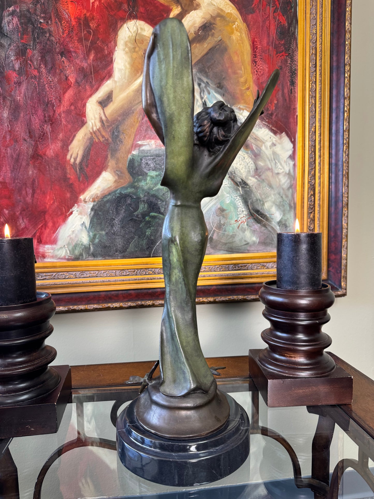 Antique French Art Nouveau Libellule Fairy Spelter Sculpture Marble Base 18”