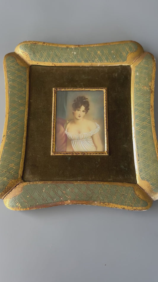 Vintage Framed Portrait Miniature Lady  Ornate Gold Green Frame Wall Decor 8”x8"