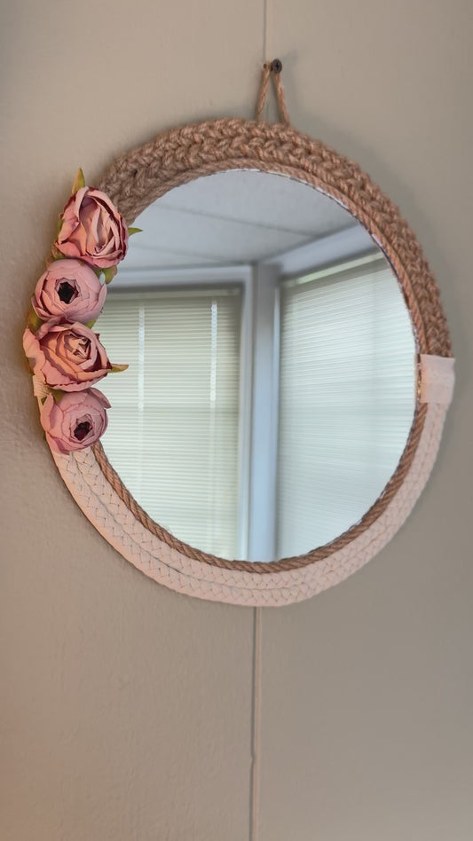 Boho Round Wall Mirror with Rope Frame & Floral Accent, Small Decorative Jute Mirror Wall Décor