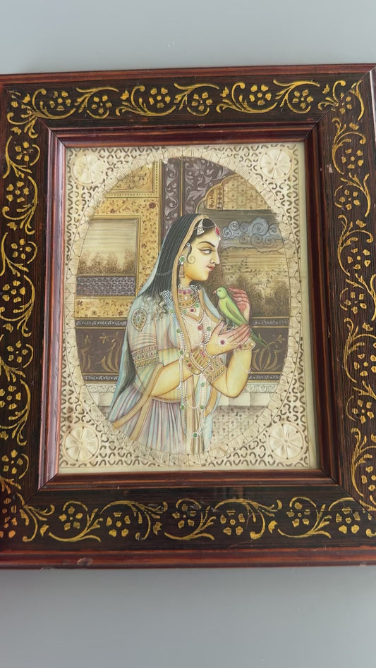 Hand Painted Indian Mughal Miniature Portrait Woman with Bird Framed Art 9"x7"