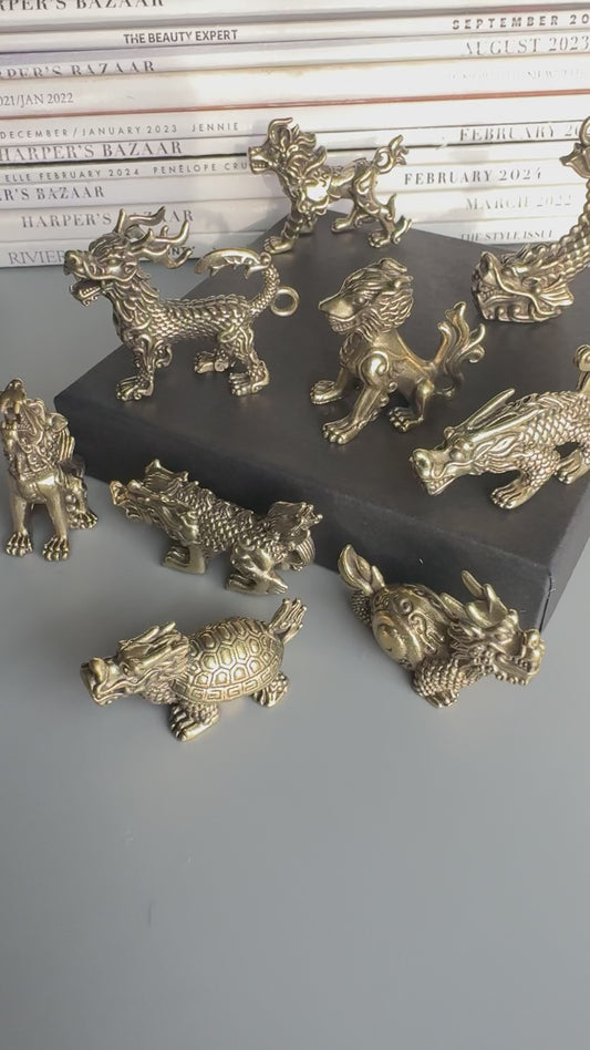 Set of 9 Mini Brass Dragon & Mythical Creature Figurines – Vintage Style Chinese Inspired Decorative Mini Sculptures
