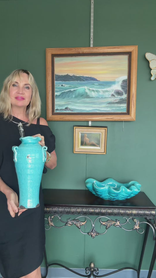 Turquoise Crackle Glaze Heavy Metal Vase with Scroll Handles – 14”
