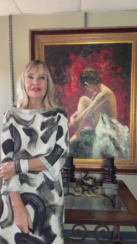 Large Original Oil Painting “Lady in Red” by S. Tojin – Signed – With Certificate of Appraisal – 60x47 Framed
