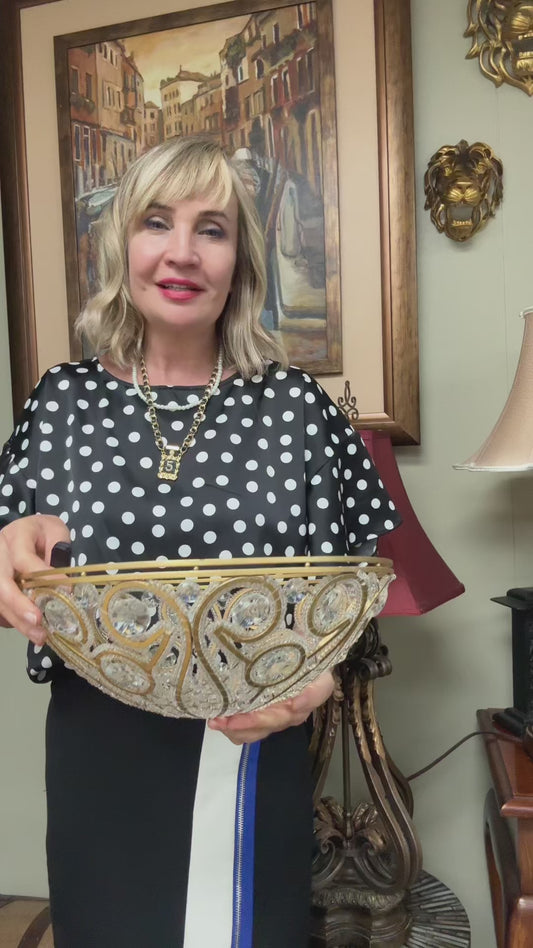 Vintage Gold Crystal Beaded Centerpiece Bowl – Hollywood Regency Style Decorative Basket 13x5