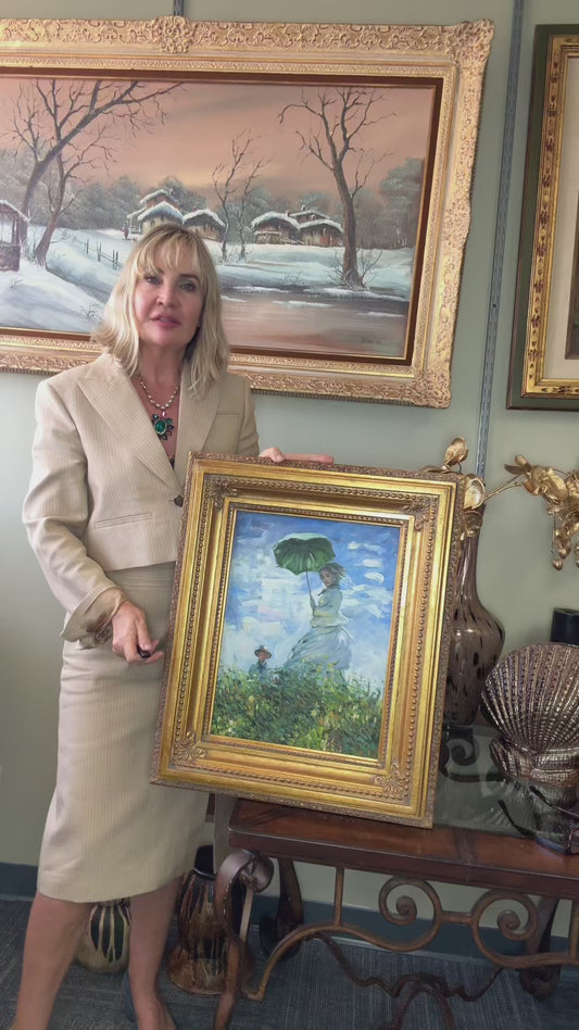Claude Monet “Woman with a Parasol” – Oil Painting Reproduction in Ornate Gold Frame
