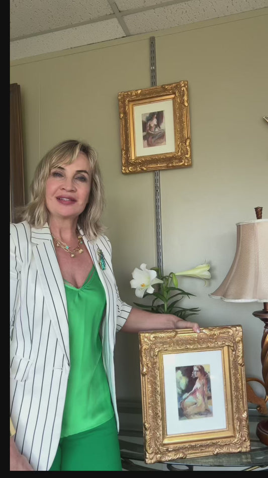 Vintage Figurative Art Set of 2 Signed ''K. Bonanno'' Watercolor Framed Gold Ornate Decor