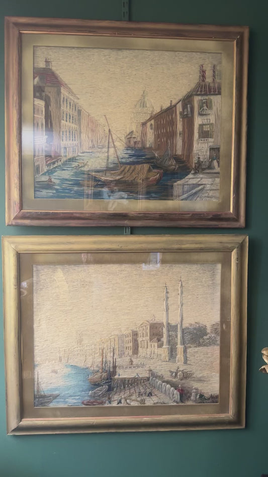 Set of 2 Vintage Hand-Embroidered Tapestry Art – European Harbor Scenes 31"x25"