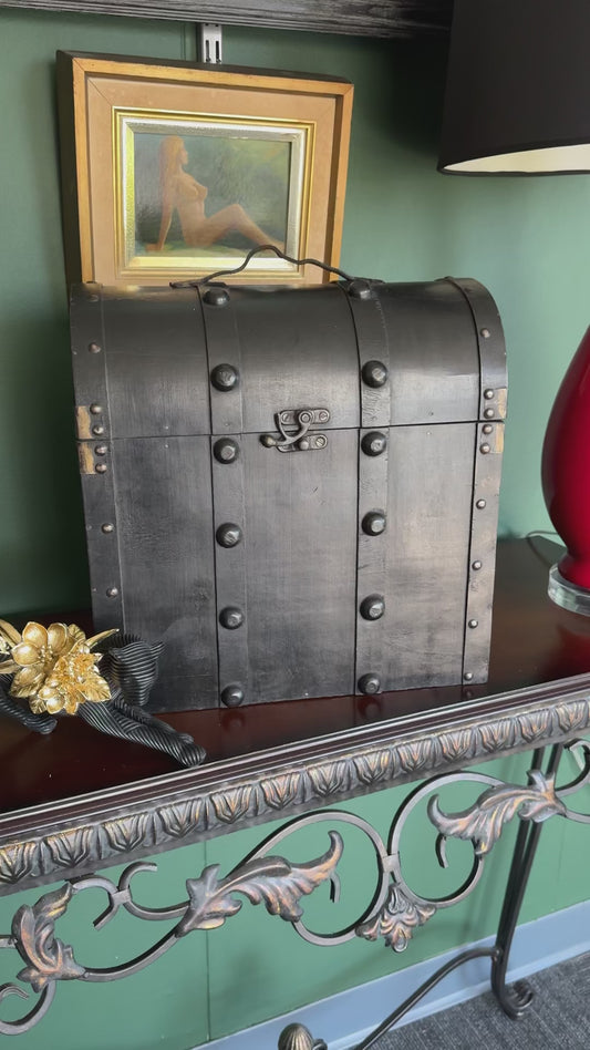 Vintage Black Wooden Dome-Top Treasure Chest – Studded Decorative Storage Trunk with Brass-Tone Latch 14"