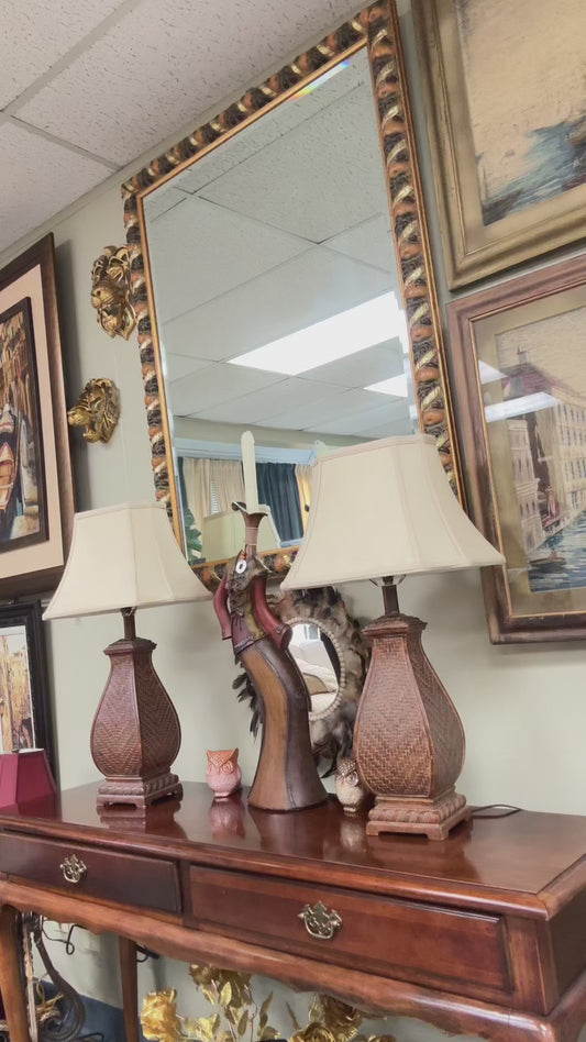 Set of 2 Textured Table Lamps, Woven Pattern Base, Neutral Fabric Shades, Tall 25