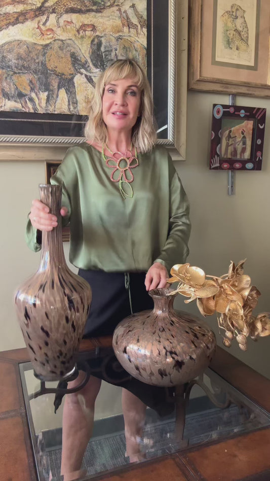 Glass Vase Set of 2 Brown Speckled Modern Decor Pair Art Glass Style Local pickup