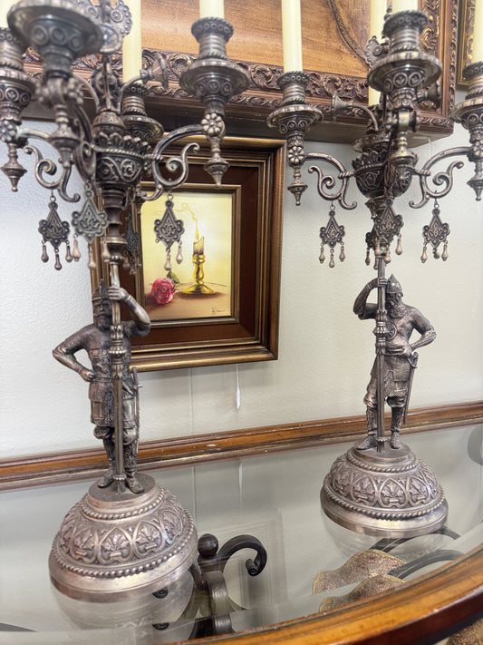 Antique Imperial Russian Silver Figural Candelabra Pair – Sazikov, Moscow 1867 – 84 Silver Warrior Candle Holders – Local Pickup Only